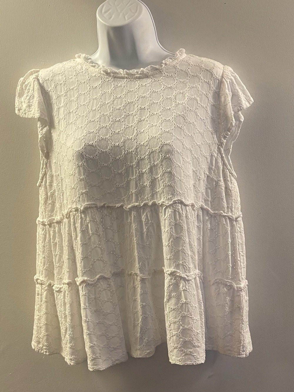 Eyelet Tiered White Tunic Top with Ruffle Trim